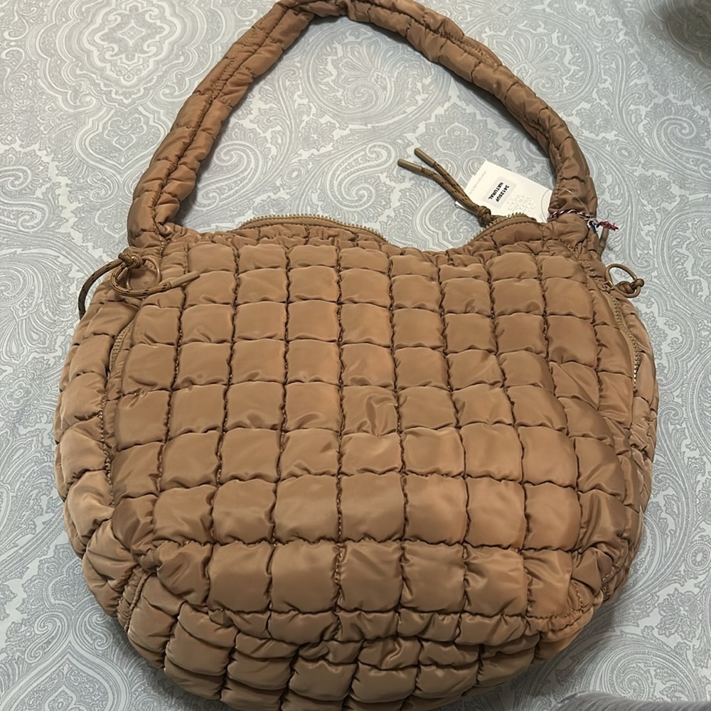 Urban Outfitters Tan Quilted Tote Bag Puffer Hobo Purse Crossbody Natura…